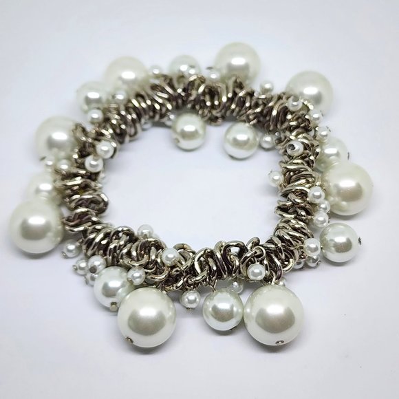 Vintage Woven Silver Chain Pearl Dangle Bead Bridal Dressy Stretch Bracelet - Picture 9 of 9
